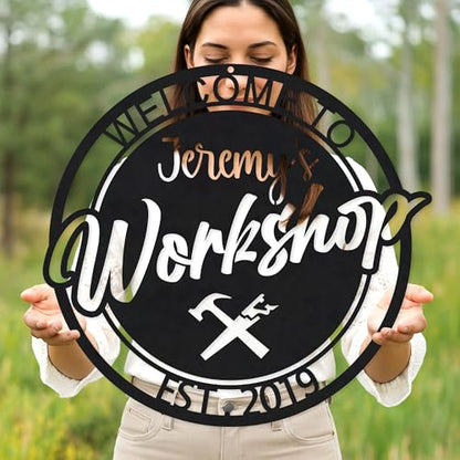 Custom Garage Workshop Metal Sign Personalized Tool Name Wall Art for Car Truck Mechanic Shop Decor Durable Steel Sign for Dad Husband Men’s Auto Workspace or Fence