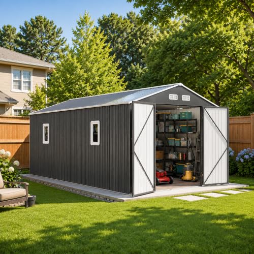 10x12 FT Metal Storage Shed with Galvanized Base Frame Kit