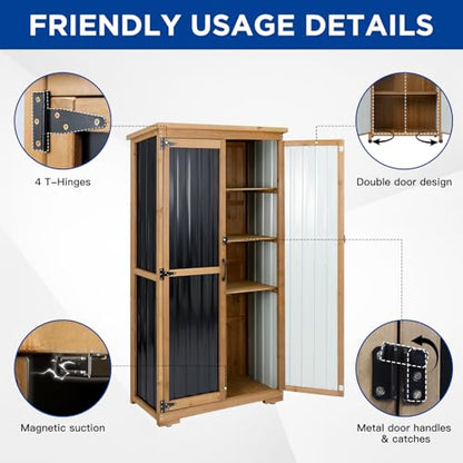 Outdoor Storage Cabinet Wood & Metal with Waterproof Roof