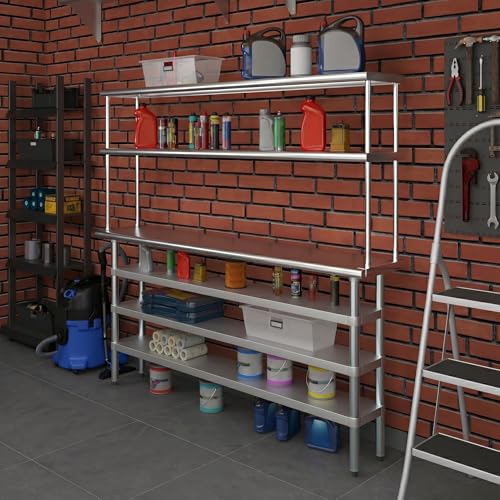 14" x 72" Stainless Steel Work Table with 3 Shelves and 12" Wide Double Tier Overshelf