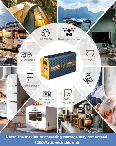 1200 Watt Pure Sine Wave Power Inverter DC 12V to 110V AC Converter with Dual AC Outlets