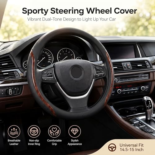 Black Steering Wheel Cover Wood Grain Leather Universal 14.5" (3 Count)