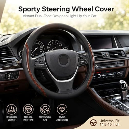 Black Steering Wheel Cover Wood Grain Leather Universal 14.5" (3 Count)