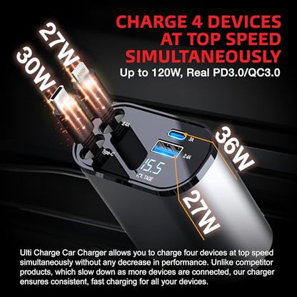Ulti Charge iPhone Car Charger USB C Fast Charge Retractable 120W 4