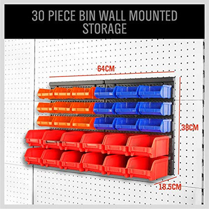 30-Bin Wall-Mounted Storage Rack System - Heavy-Duty Garage Tool Organizer for Screws, Nuts, Bolts, Nails, Beads, and Small Hardware Parts - Easy Installation and Customizable (30 Count)