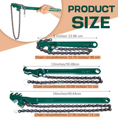3 Pcs Large Reversible Chain Oil Filter Wrench with 12 16 9 Inch Chain Wrench Adjustable Heavy Duty Carbon Steel Sturdy Pipe Fitting Tool Spanner for Ratcheting Universal (3 Count)