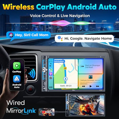 7" Wireless Double Din Car Stereo Apple Carplay Radio Screen for Car Audio Receivers