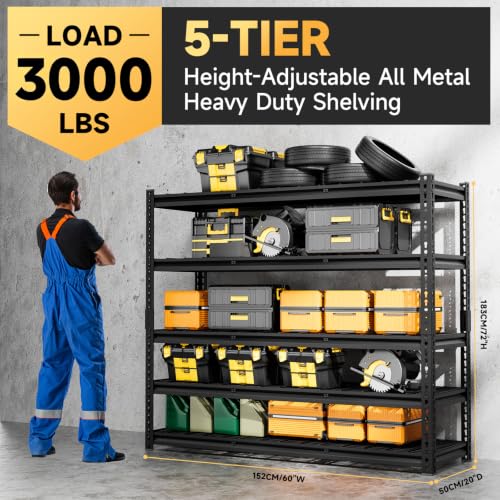 5 Tier 60" W X 20" D X 72" H Storage Shelves 3000LBS Metal Garage Shelving Adjustable Storage Shelf Metal Racks with Shelves Heavy Duty Shelving Units and Storage Utility Shelf (5 Count)