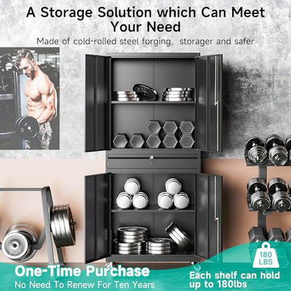 Metal Garage Storage Cabinet with Wheels and Drawer