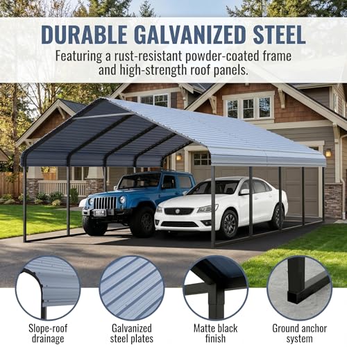20x20 FT Carport Heavy Duty Metal Covered Carport Car Port with Galvanized Steel Roof & Frame