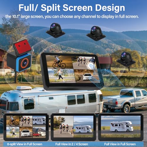 6CH AI WiFi GPS Sentry Mode RV Backup Camera System 10.1" Touch Screen Monitor with 4 1080P Rear Side View Camera
