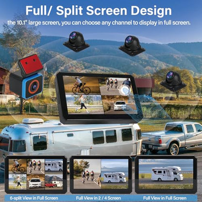 6CH AI WiFi GPS Sentry Mode RV Backup Camera System 10.1" Touch Screen Monitor with 4 1080P Rear Side View Camera