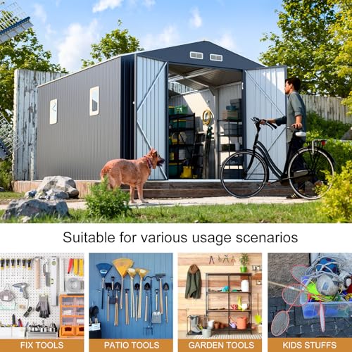 10x10 FT Metal Outdoor Storage Shed with Unique Base Sunroof Window Lockable Double Door Vent Heavy Duty Reinforced Frame Waterproof Sheds for Garden Large Lawnmower Tool