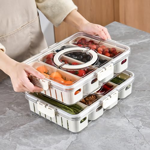 2Pack Divided Veggie Tray with Lid and Handle 4 Compartment Serving Tray with Dividers Portable Travel Snack Storage Containers Stackable Snackle Box Charcuterie Container for Fruit