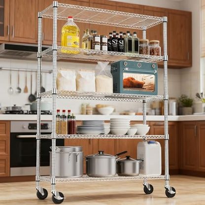 1750LBS 47.2" W 5 Tiers Storage Shelves Metal Shelving Unit with Wheels Heavy Duty Garage Shelving Adjustable Wire Shelves for Pantry