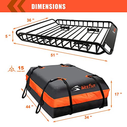 Roof Rack Rooftop Cargo Carrier Basket 51"*36"*5"+Waterproof Bag 15 Cu.Ft
