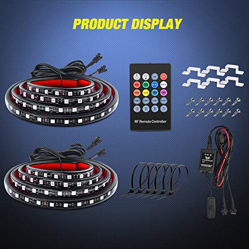 TL 31 2PCS 60Inch RGB Truck Bed Light Strip Kit 180 LED RF Remote Control with On Off Switch Blade Fuse 2Way Splitter Extension Cable for Cargo Pickup Truck SUV RV Boat