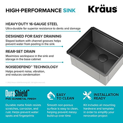 Kore 21 Inch Undermount Workstation 16 Gauge Stainless Steel Single Bowl Kitchen Sink n PVD Gunmetal Finish with Accessories