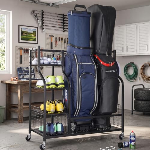 2 Golf Bags Rack Garage Storage Organizer Metal Black Storage Stand