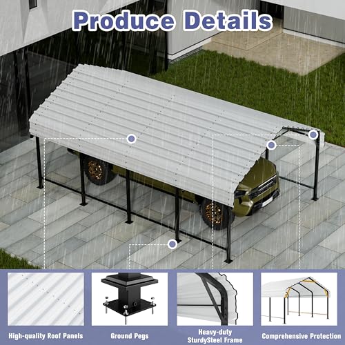 JY QAQA 12 x 20 FT Heavy Duty Metal Carport Canopy with Galvanized Steel Roof