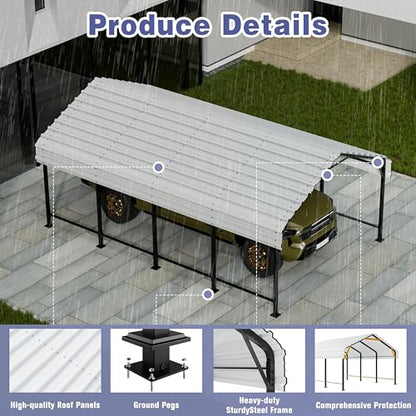 JY QAQA 12 x 20 FT Heavy Duty Metal Carport Canopy with Galvanized Steel Roof