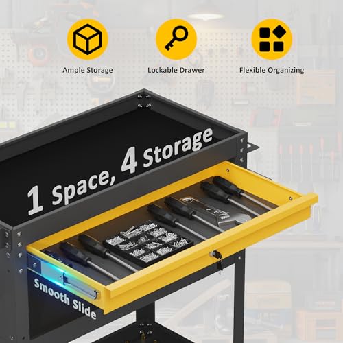 4 Tier Heavy Duty Rolling Tool Cart with Drawers & Pegboard