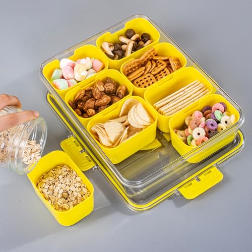 Divided Snack Serving Tray with Lid and Handle Travel Snackle Charcuterie Container Portable Storage Organizer for Candy (28 Ounce)