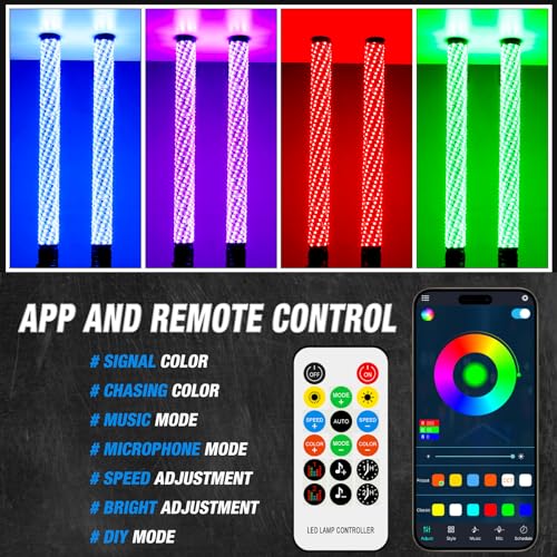 2PCS 3FT RGB Whip Lights for UTV ATV Brighter Spiral Chasing Lighted Antenna Whip for Side by Side with APP and Remote Control for Jeep Off (2 Count)