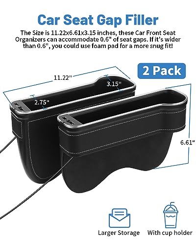 RGB Color Changing LED Car Seat Gap Filler Organizer Console Side Seat Gap Storage Box with Cup Holders and USB Chargers for Car Interior Accessories (2 Count)