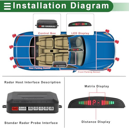 Universal Car Auto Vehicle Reverse Backup Radar System Reverse Parking Sensors Alarm Buzzer Reminder Distance Detection Red 8 Parking Sensors