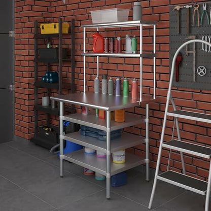 30" x 36" Stainless Steel Work Table with 3 Shelves and 12" Wide Double Tier Overshelf