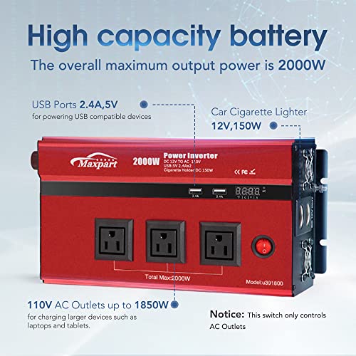 2000w 12v Car Power Inverters for Vehicles Truck with USB Charging Port