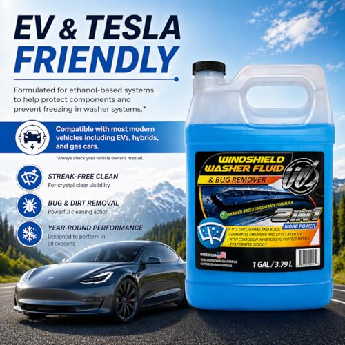 2-in-1 Windshield Washer Fluid 2-Pack (1 Gallon Each, 256 fl oz Total) – Ready to Use, Streak-Free Formula, All-Weather Cleaning, Removes Bugs, Dirt & Road Grime – Premium Windshield Cleaner (256 Fl Oz)