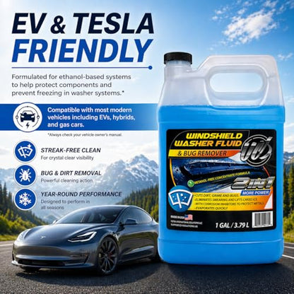 2-in-1 Windshield Washer Fluid 2-Pack (1 Gallon Each, 256 fl oz Total) – Ready to Use, Streak-Free Formula, All-Weather Cleaning, Removes Bugs, Dirt & Road Grime – Premium Windshield Cleaner (256 Fl Oz)