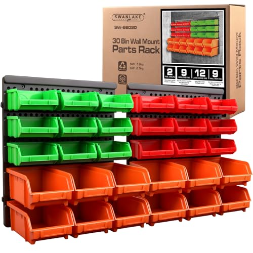 30-Bin Wall-Mounted Storage Bins, Heavy-Duty Garage Tool Organizer for Screws, Nuts, Bolts, Nails, Small Hardware Parts - Easy Installation and Customizable (30 Count)