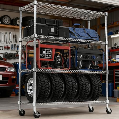 1400LBS 47.2" W 4 Tiers Storage Shelves Metal Shelving Unit with Wheels Heavy Duty Garage Shelving Adjustable Wire Shelves for Pantry