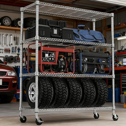 1400LBS 47.2" W 4 Tiers Storage Shelves Metal Shelving Unit with Wheels Heavy Duty Garage Shelving Adjustable Wire Shelves for Pantry