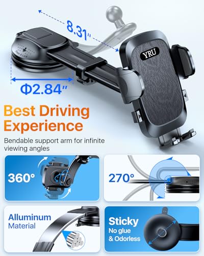 2026 Ultimate Car Phone Holder Mount [Bendable & Adjustable Aluminum Arm] Cell Phone Holder for Car Dashboard Windshield Phone Stand for iPhone 17 16 15 14 Pro Max Samsung Pickup Truck