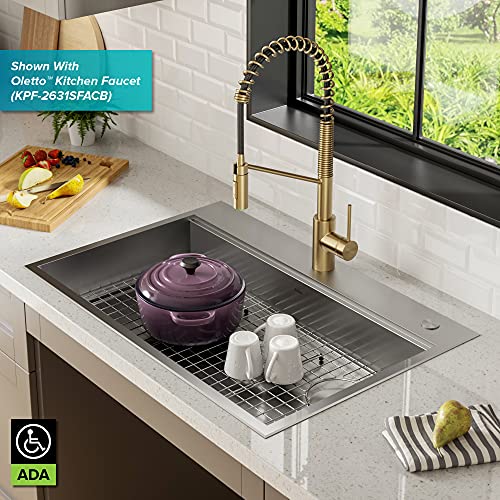 KWT310-33/5.5 Kore ADA Workstation 33-inch Drop-In Topmount 16 Gauge Stainless Steel Single Bowl Kitchen Sink with Accessories, 33 Inch