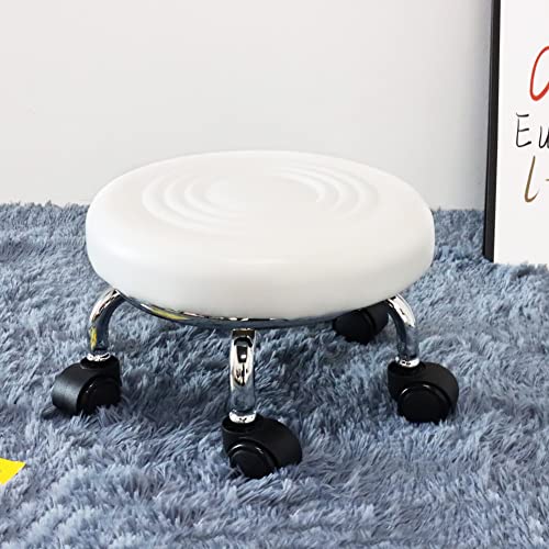 Modern Roller Seat PU Leather Foot Stool Low Round Rolling Stool 360° Step Stool Swivel Small Seat with Universal Wheels for Home Office Garage Shop Fitness Sport H：8.4" （White）