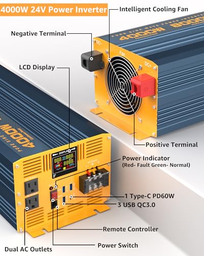 4000W Pure Sine Wave Power Inverter DC 24V to AC 110V 120V for Home RV with Dual AC Outlets 1 USB