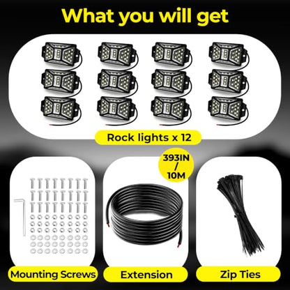 12 Pods 324 LEDs 6000K White Rock Lights with 32.8FT Extension Wire (12 Count)