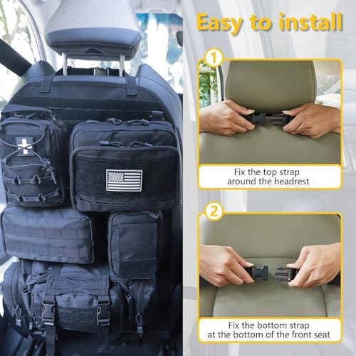 Universal Tactical Car Seat Back Organizer Bag Tactical Molle Vehicle Organizers Panel Vehicle Protector Organizers with 5 Detachable Pouches for Car Truck Ford Jeep