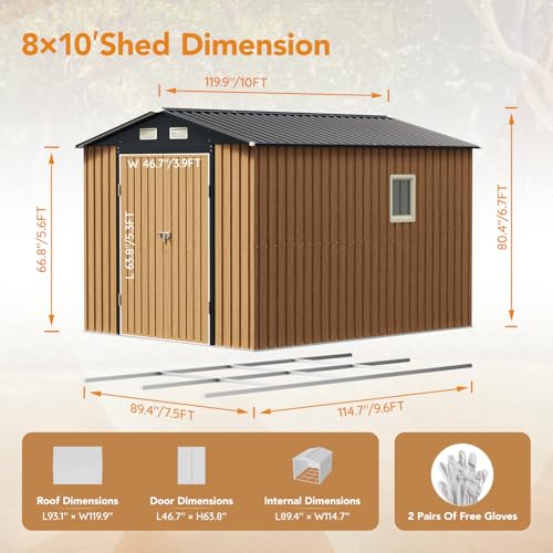 8x10 FT Outdoor Metal Storage Shed with Frame Floor