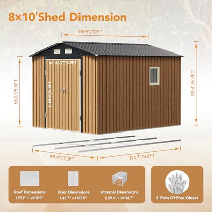 8x10 FT Outdoor Metal Storage Shed with Frame Floor
