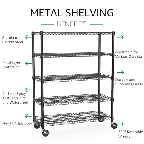 Garage Shelving Wide Storage Shelves 5 Tier Metal Shelves 4000 LBS Heavy Duty Adjustable Utility Shelf Rack Black 23.6" D x 53.1" W x 73.6" H (5 Count)