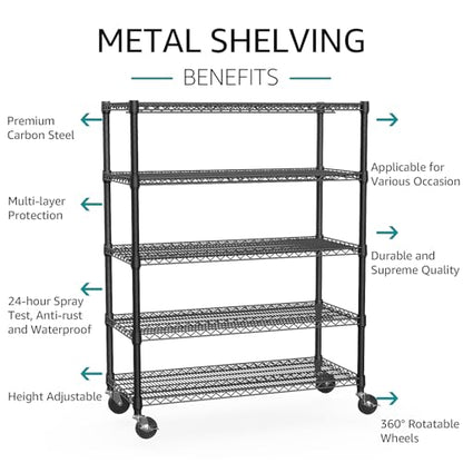 Garage Shelving Wide Storage Shelves 5 Tier Metal Shelves 4000 LBS Heavy Duty Adjustable Utility Shelf Rack Black 23.6" D x 53.1" W x 73.6" H (5 Count)