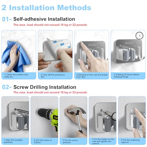 4 Pack Stainless Steel Mop and Broom Holder Wall Mount with Hook (4 Count)