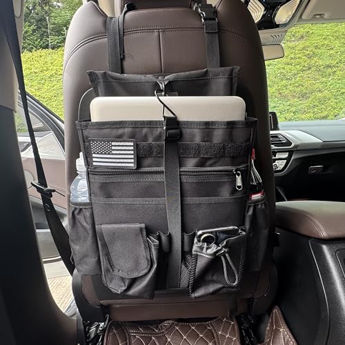 Front & Seat back organizer with dedicated tablet and 15.6 IN laptop storage stabilizers external stabilizing side straps soft adjustable shoulder straps hardened buckle