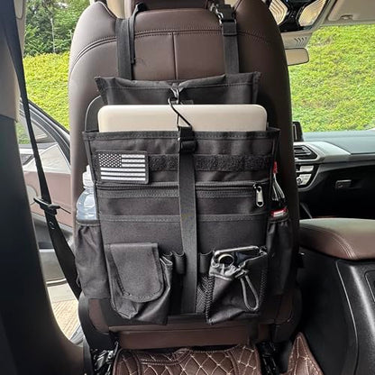 Front & Seat back organizer with dedicated tablet and 15.6 IN laptop storage stabilizers external stabilizing side straps soft adjustable shoulder straps hardened buckle